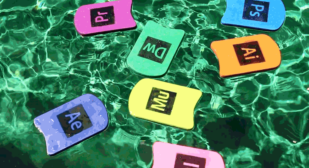Colorful floating cutouts with software logos in water