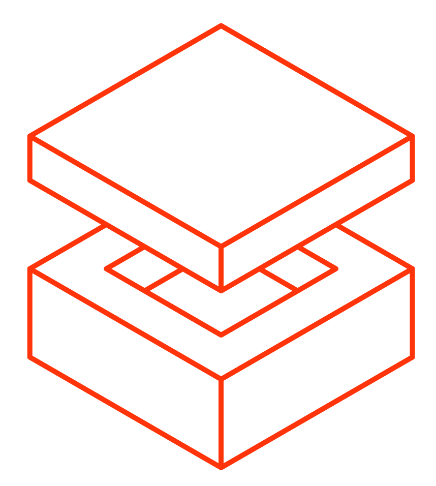 Isometric illustration of layered 3D blocks with red outlines on a black background.