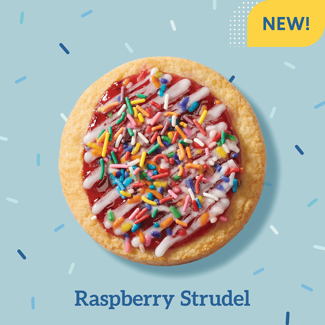 A raspberry strudel cookie topped with white icing and colorful sprinkles on a light blue background with confetti design, label reads 'NEW!'