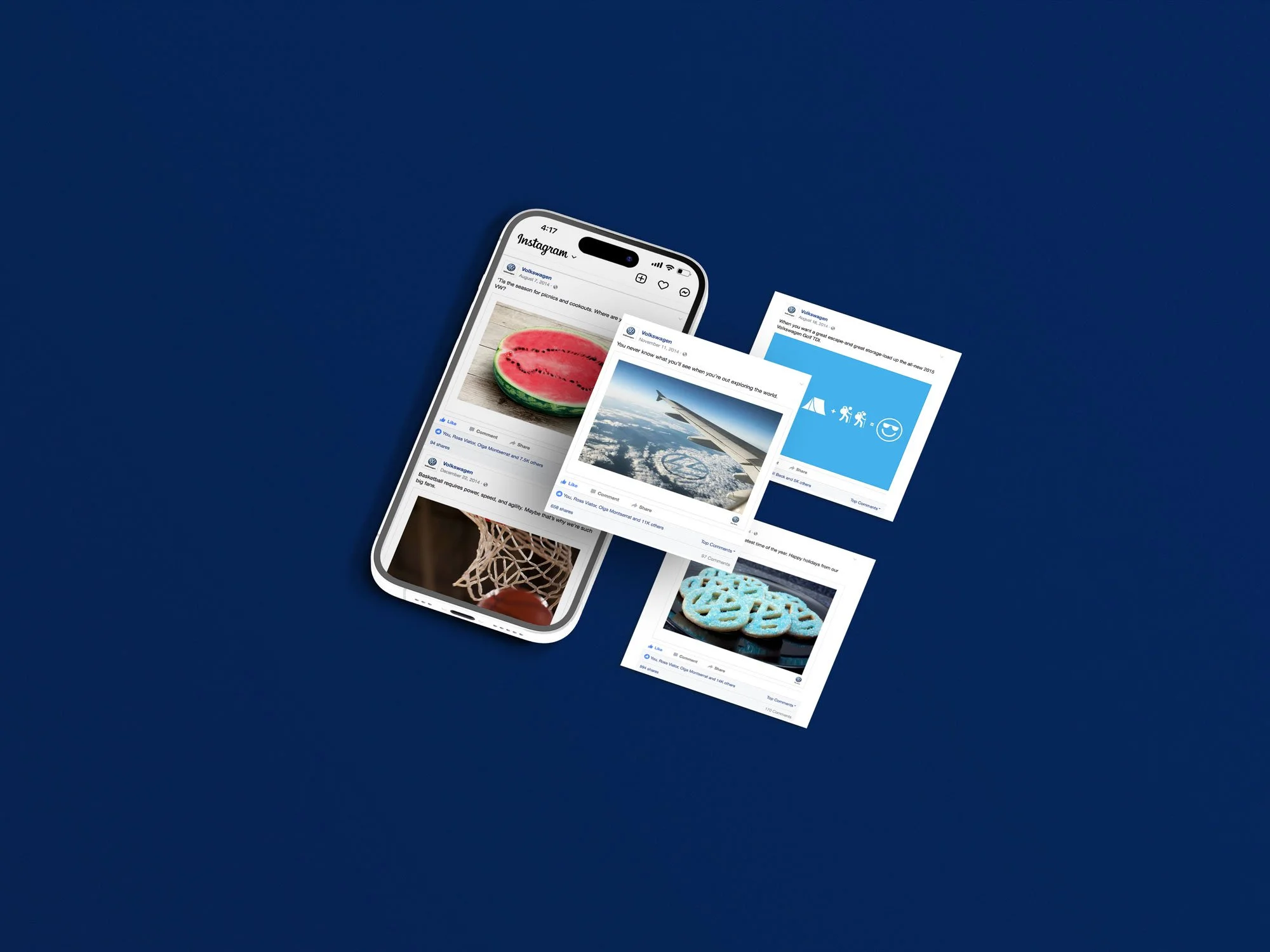 Smartphone on a blue background displaying social media posts about sports, food, and travel for Volkswagen