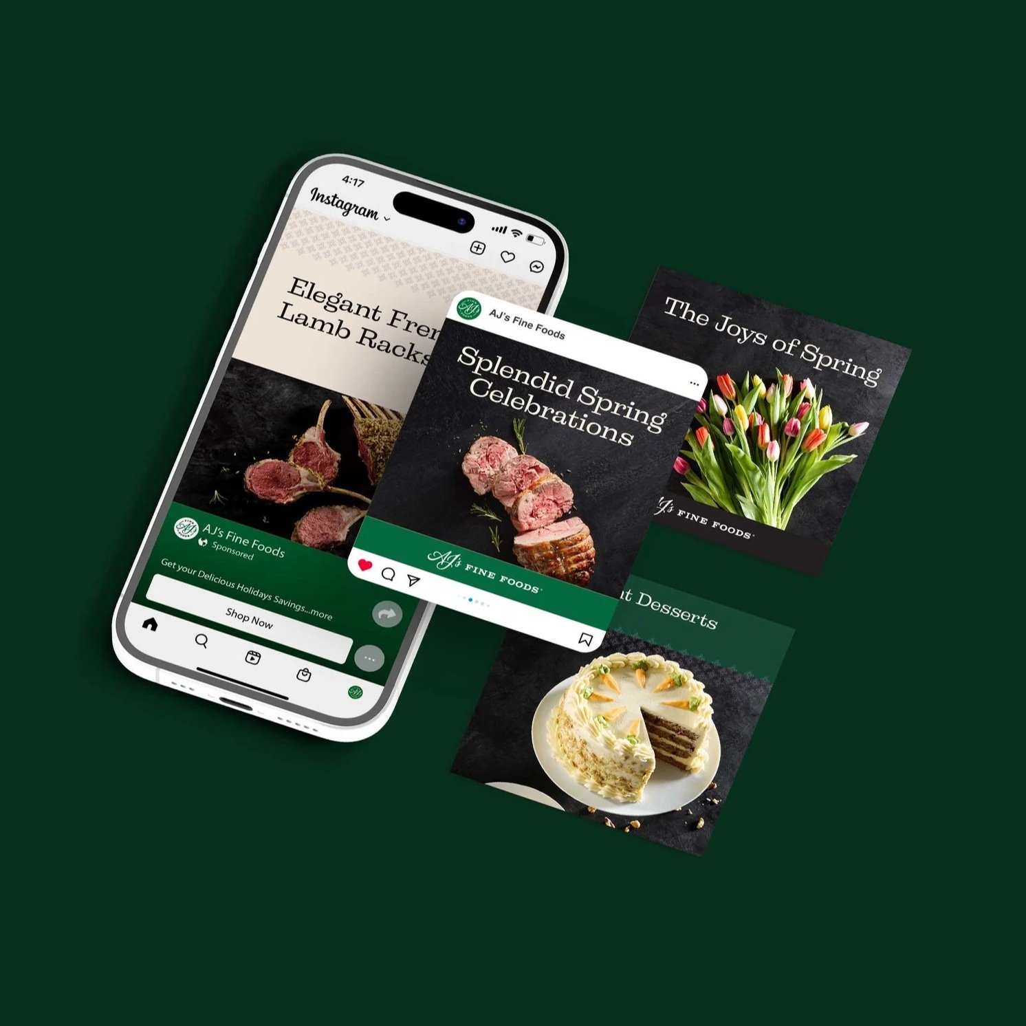 Smartphone displaying Instagram posts about spring celebrations, including lamb racks, tulip flowers, and a cake.