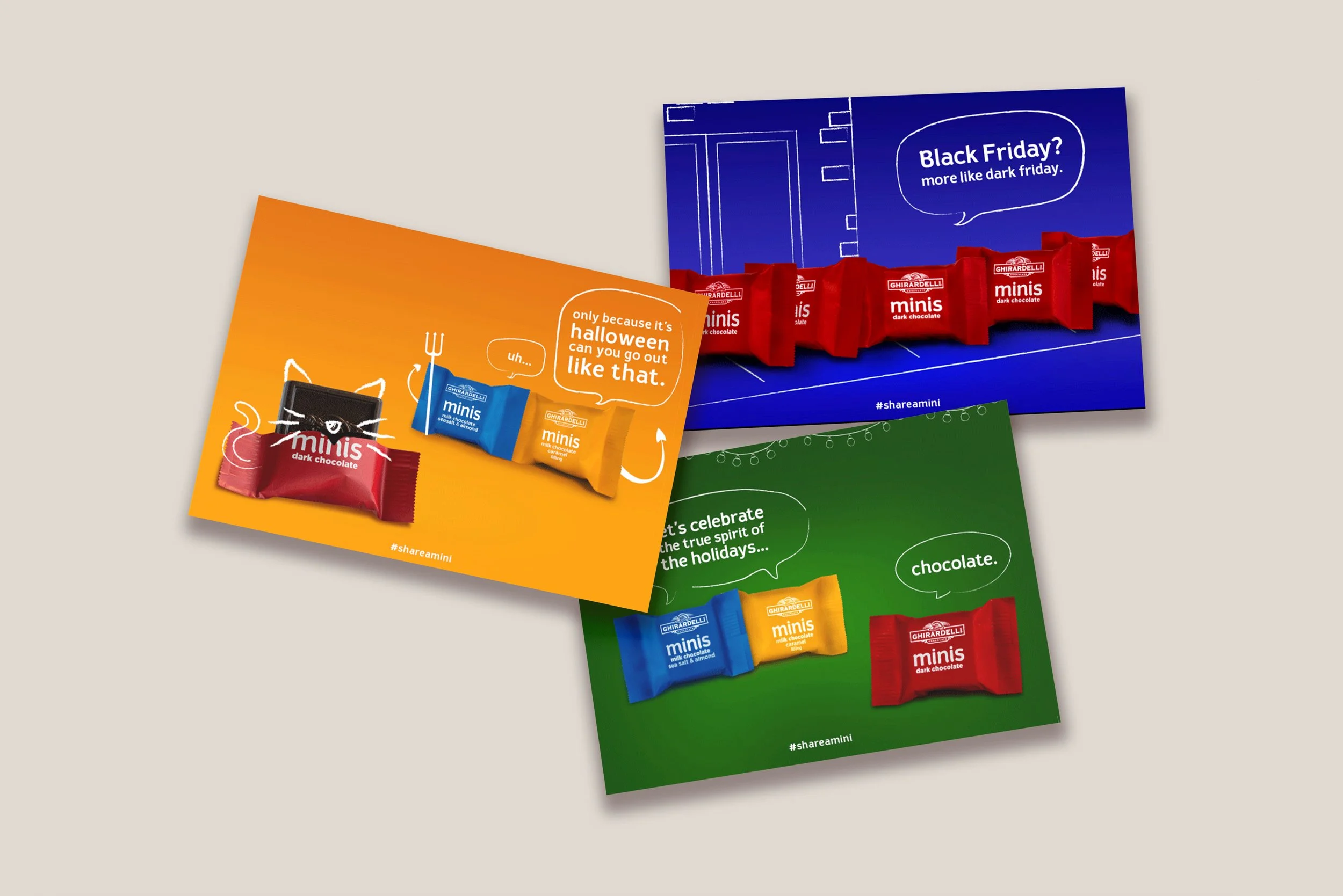 Three colorful promotional cards for Ghirardelli Minis dark chocolates with holiday-themed messages and illustrations.