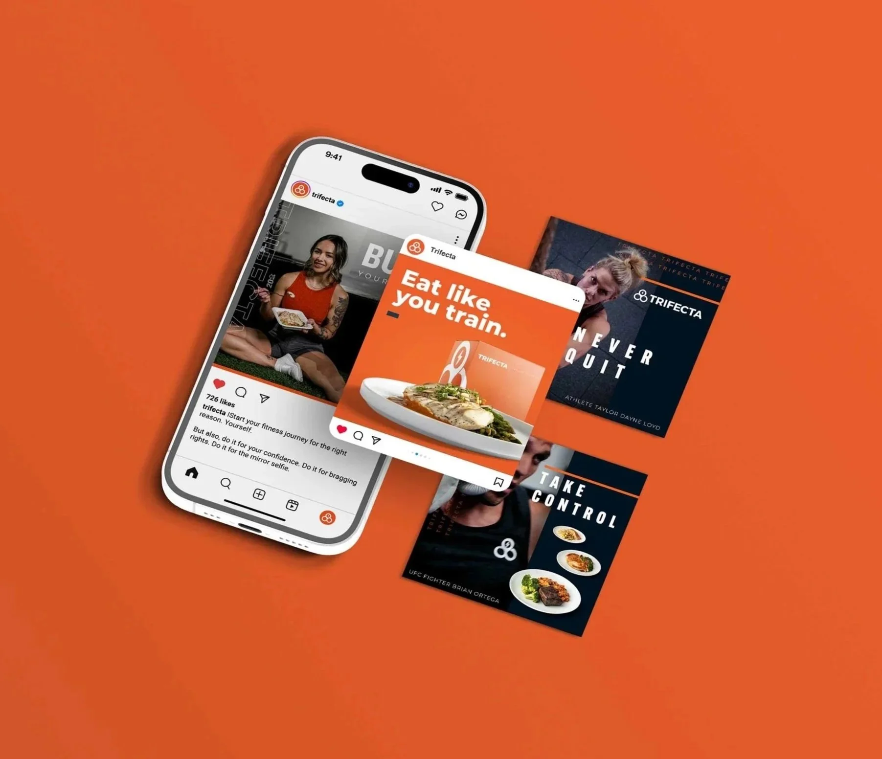 A smartphone displaying a social media post of a woman sitting cross-legged with a tray of food, surrounded by three digital advertisements for a fitness and health brand against an orange background.