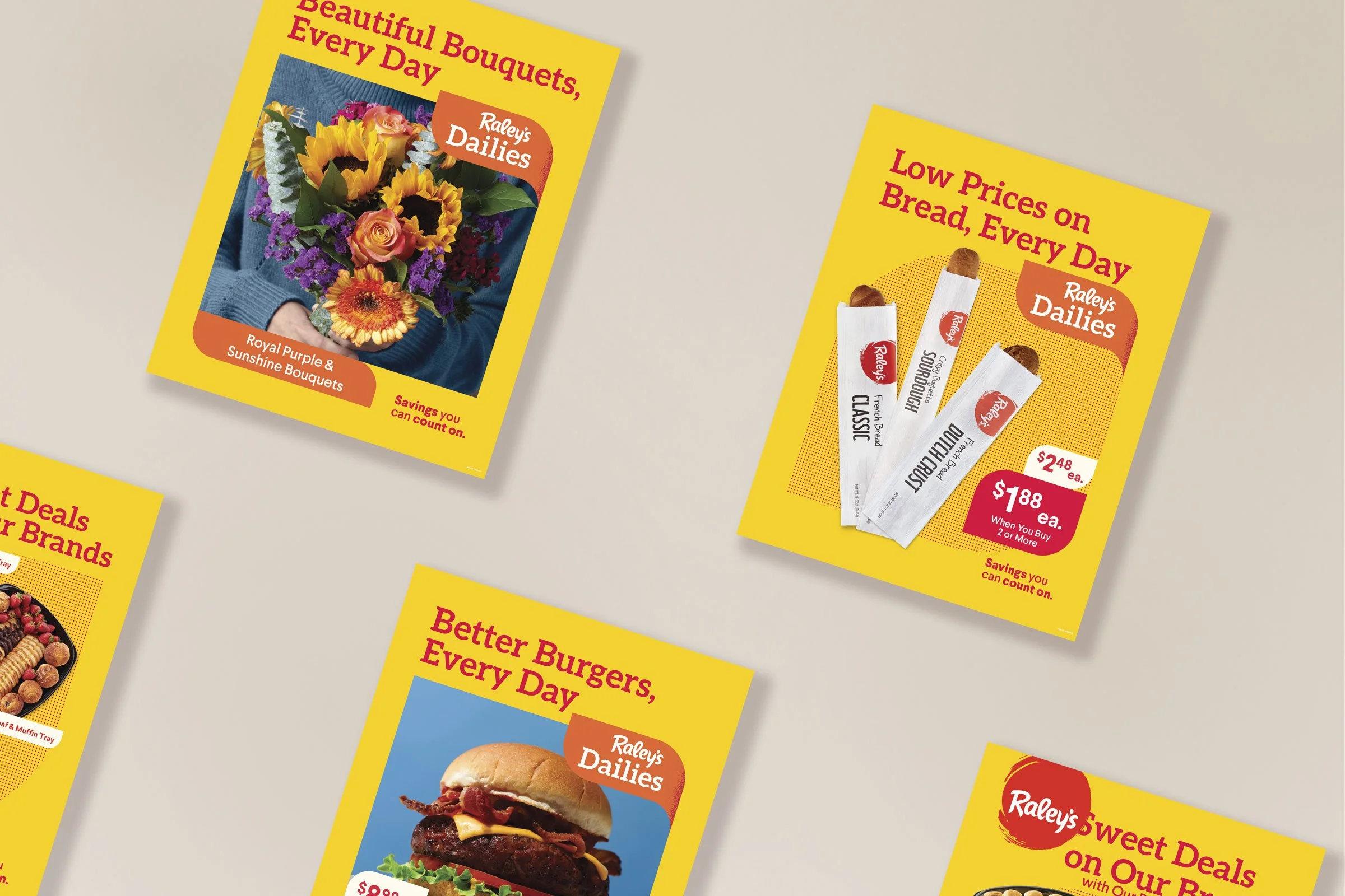 Promotional flyers for Raley's Dailies, featuring colorful images of a bouquet of flowers, packs of breadsticks, a burger with bacon, and a dessert with fruit, all on a yellow background with red text.