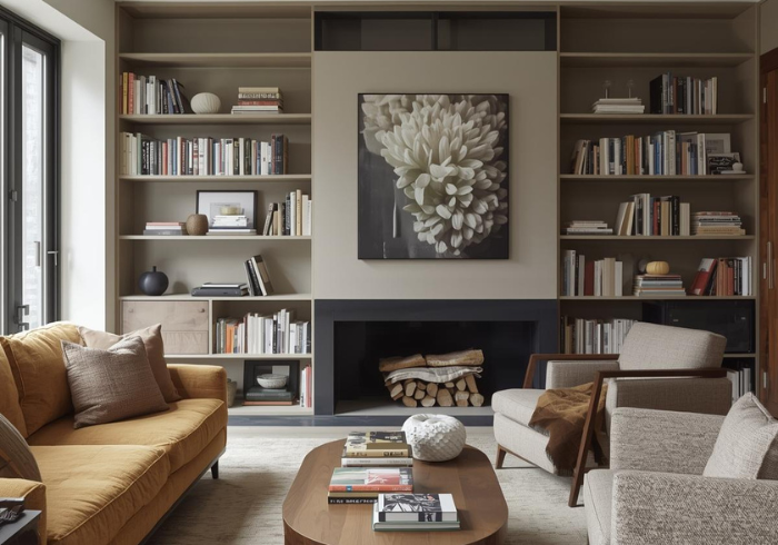 Lived-in modern home interior with books, textured seating, layered color, and natural light, suggesting comfort and transition.