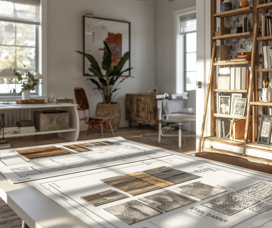 Interior design plans and material selections arranged in an organized workspace showing a structured remodeling process