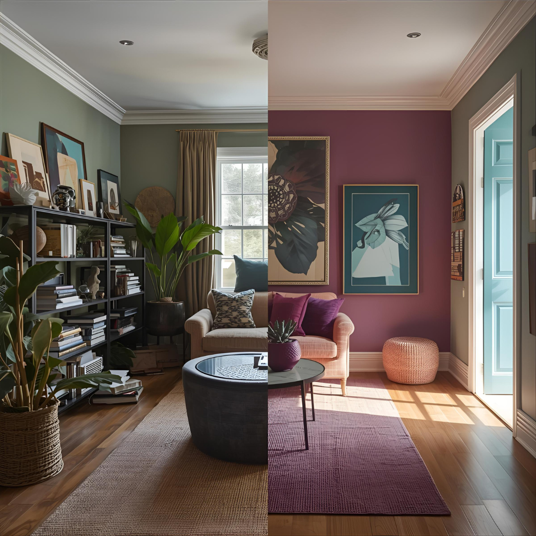 Side-by-side conceptual interior showing a cluttered layout on one side and a colorful, harmonious layout with improved flow on the other.
