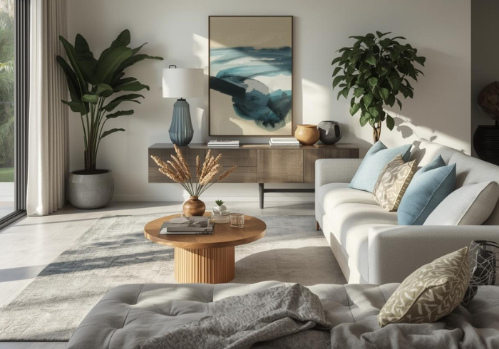 Modern interior with natural light, layered blues and greens, plants, and a calm, uncluttered layout that feels steady and intentional.