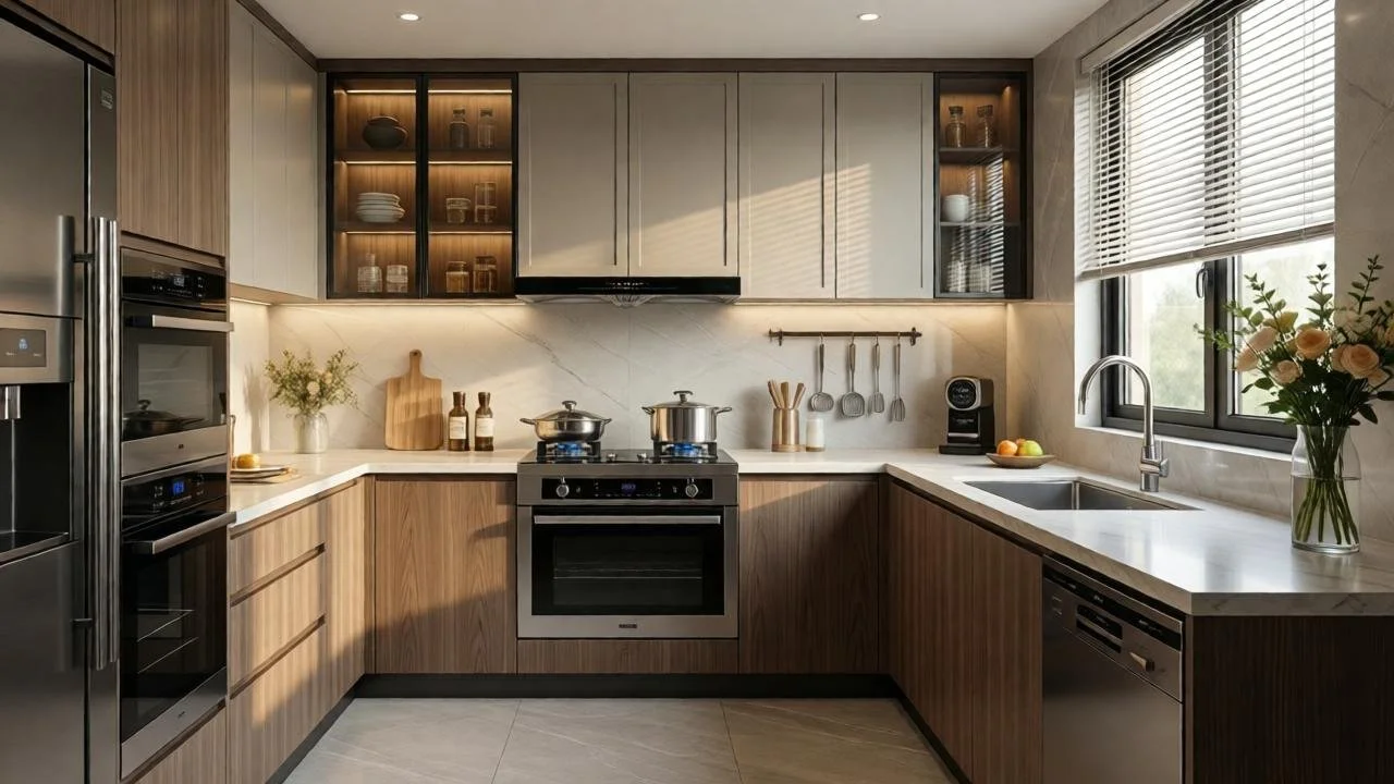 Calm modern kitchen with peaceful atmosphere and minimal visual noise