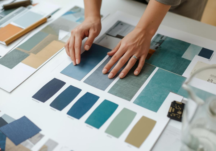 Interior design process with hands reviewing material samples and design boards in a clean, colorful, professional workspace.