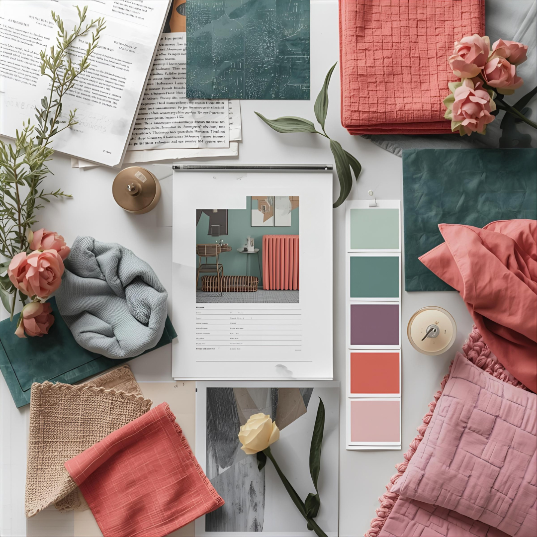 Stylish overhead flat lay of coordinated design materials including coral textiles, sage greens, lavender swatches, and teal accents arranged into a cohesive interior palette.