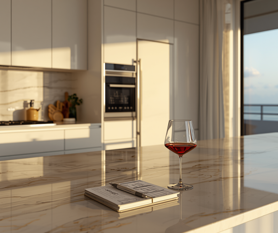 High-end coastal kitchen in Southwest Florida with evening light and minimal styling representing delayed planning and decision-making