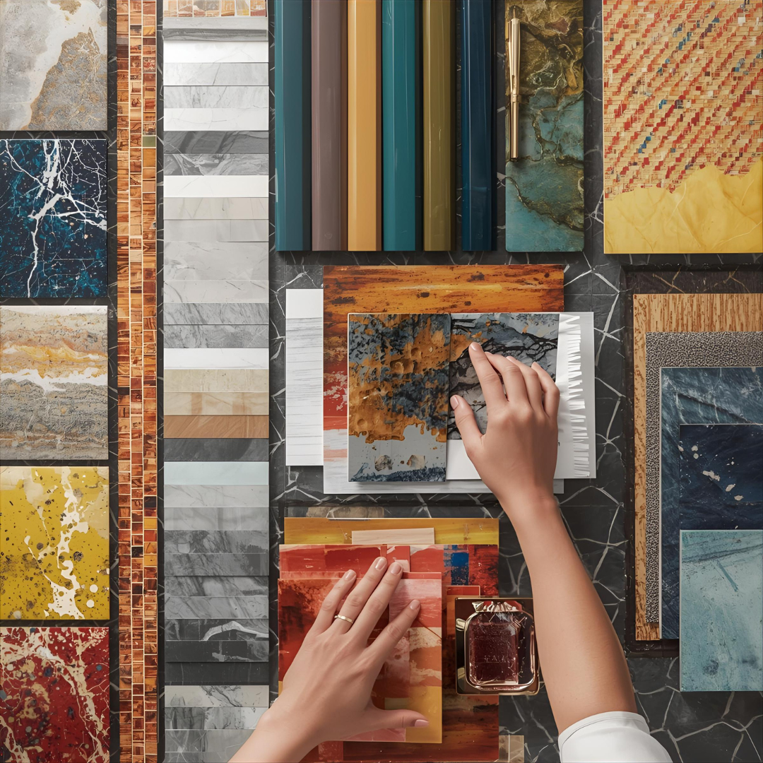 Close-up of colorful interior materials such as stone, tile, fabric, and metal finishes laid out neatly on a table in a designer’s workspace.