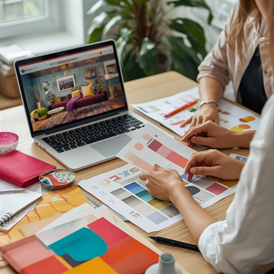Interior designer reviewing with client colorful material samples and a digital room mockup during a design consultation session.