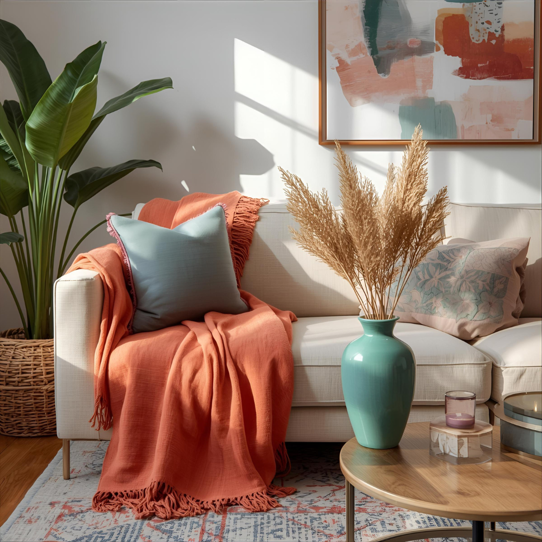 Colorful living room with sage green plant, coral throw pillow, teal ceramic vase, and soft amethyst accents in natural light, styled to evoke a calm and intentional atmosphere.