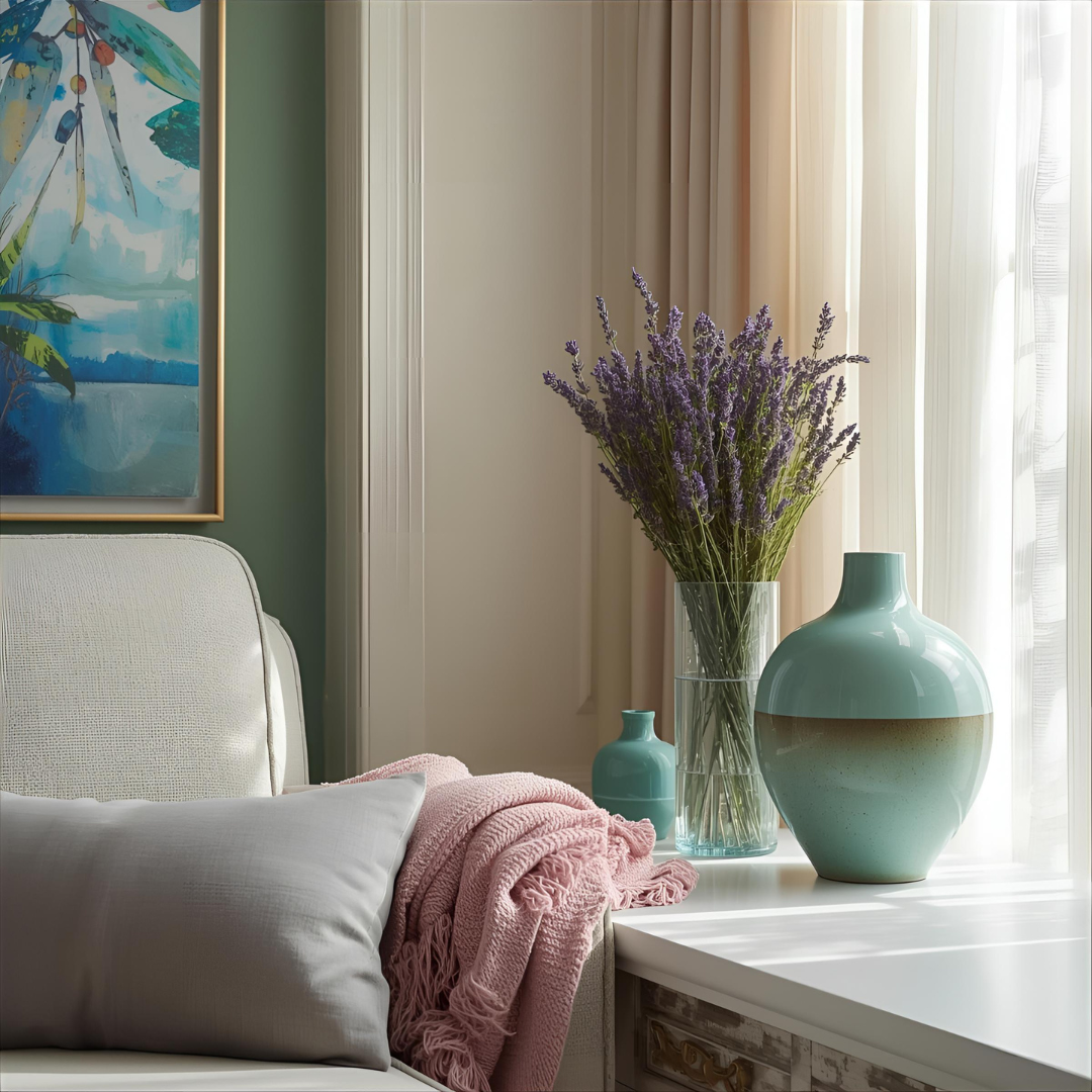 Colorful, calming interior vignette featuring a sage plant, lavender throw, teal vase, and warm natural light, representing a peaceful home environment.