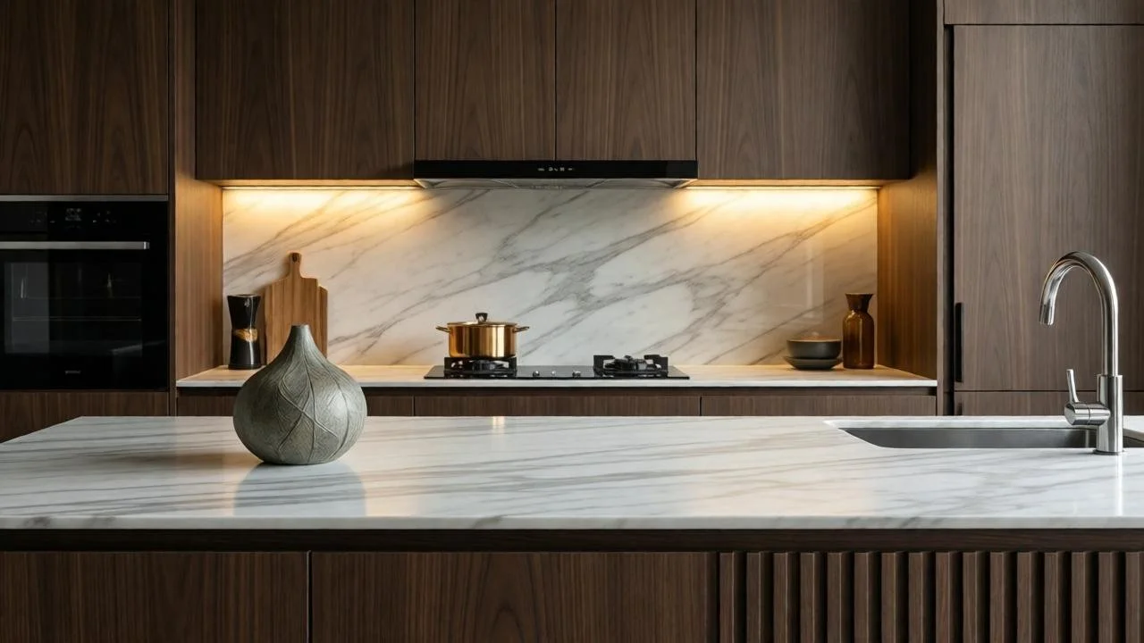 Minimal and organized kitchen countertop with intentional styling that supports clarity and focus