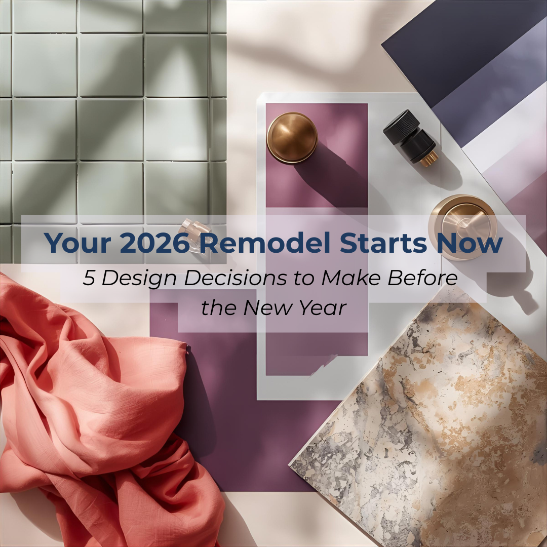 Overhead view of a colorful interior design mood board featuring sage tiles, plum and lavender paint swatches, coral fabric, brass hardware, and natural stone samples arranged on a designer’s workspace.