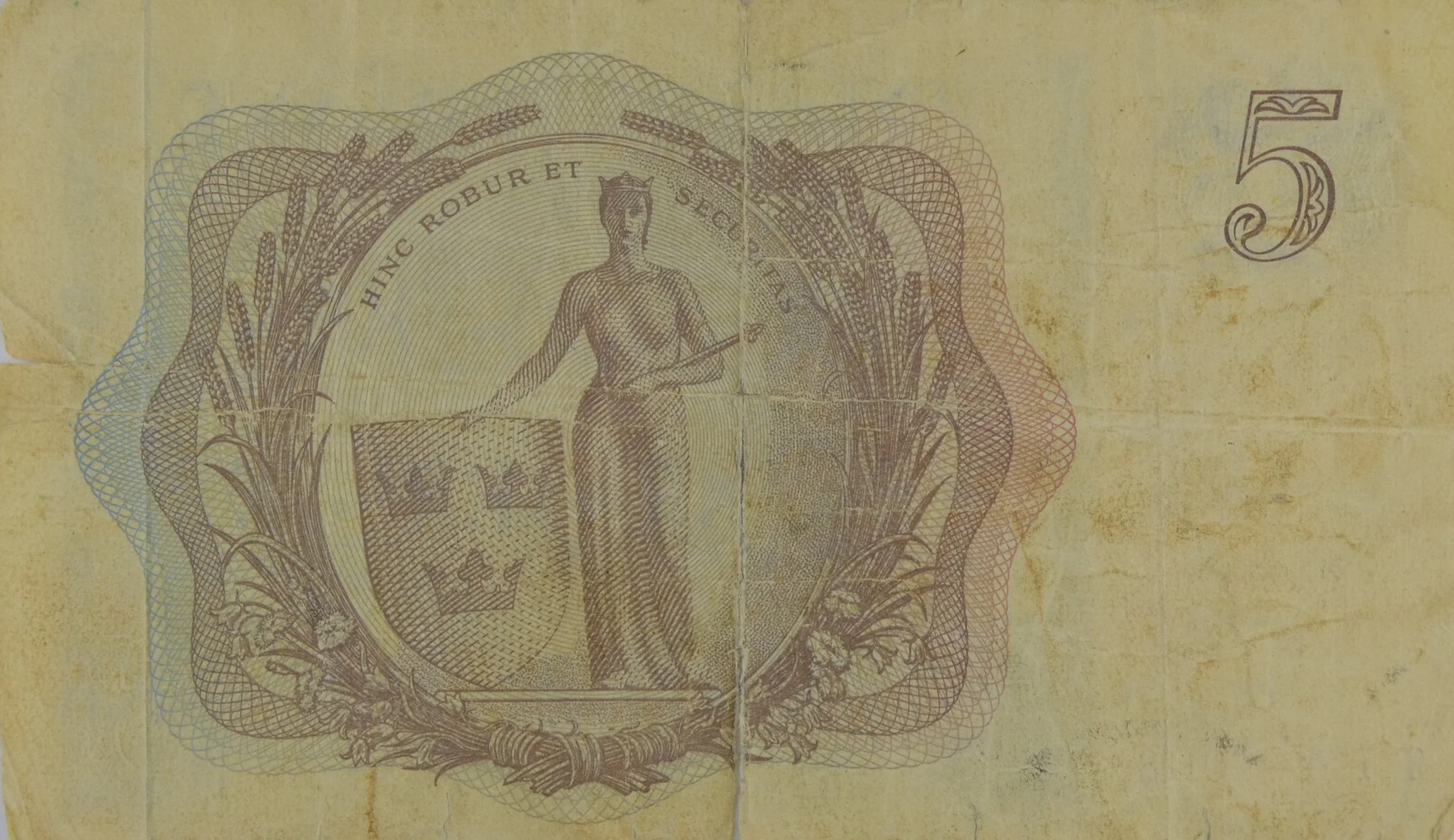 Sveriges Riksbank Five Kronor Note 1962 rear