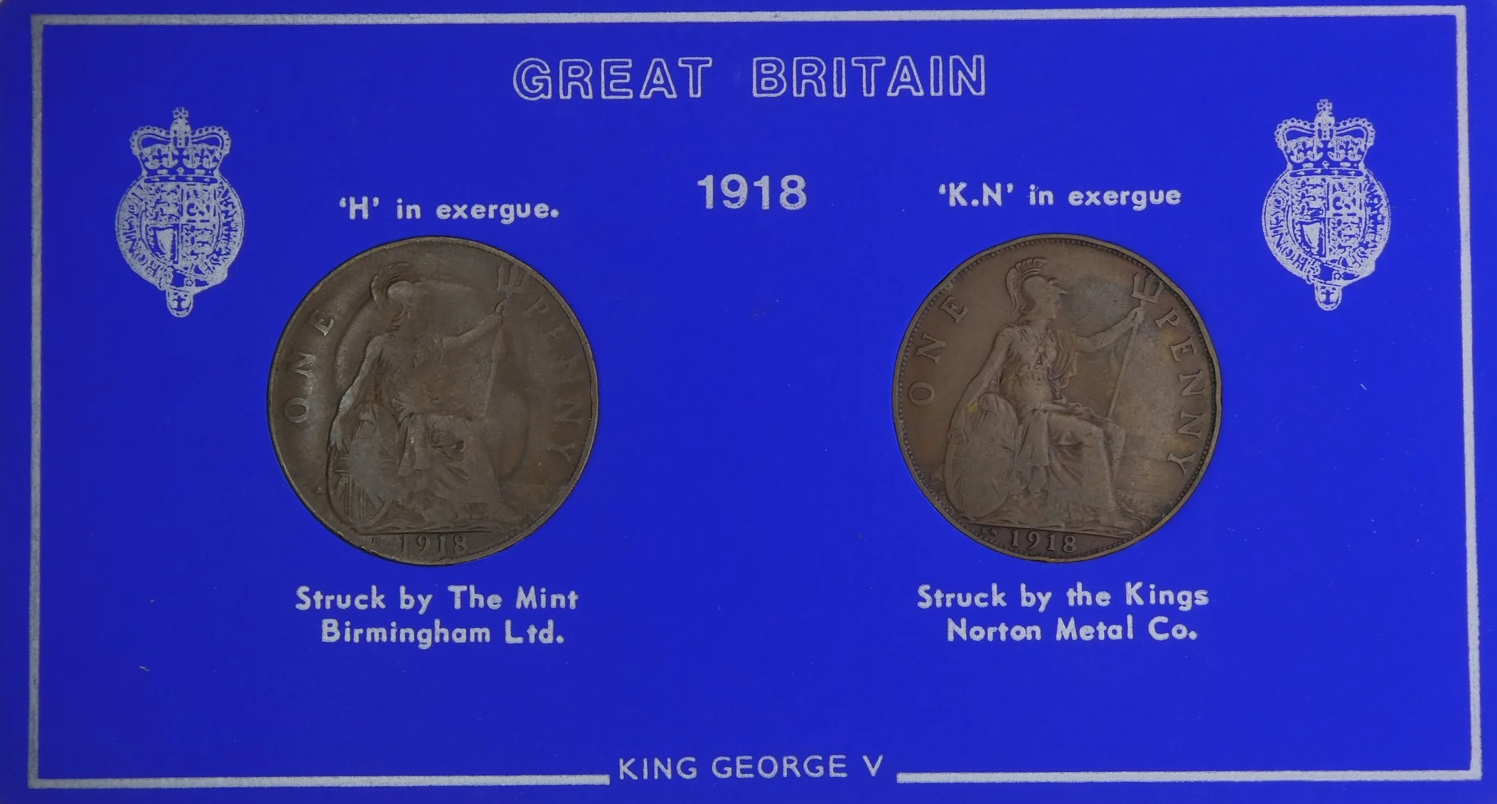 Card containing 1918 Pennies with Heaton and King’s Norton mint marks front