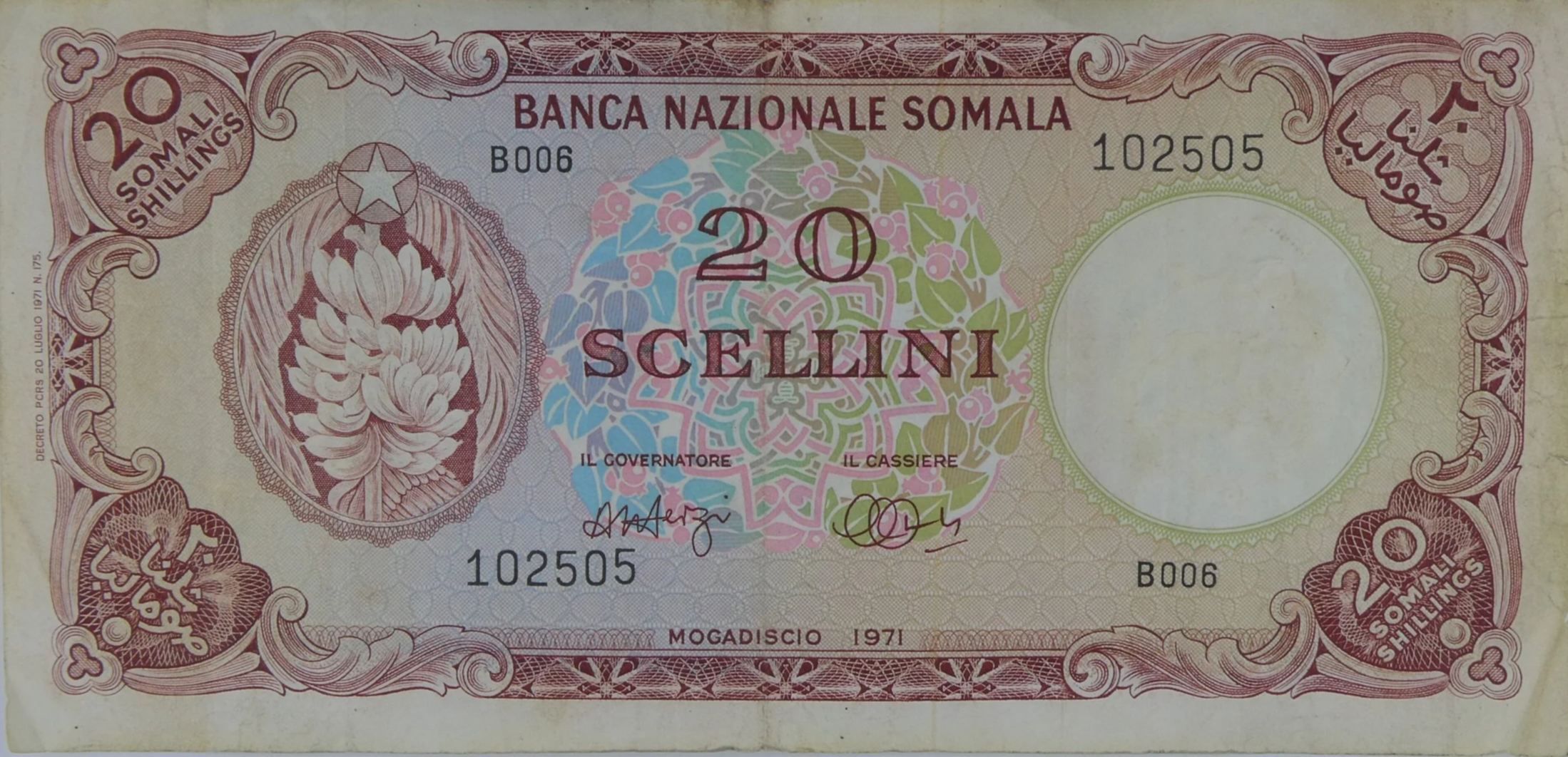 Banca Nazionale Somalia 1971 20 Scellini Note