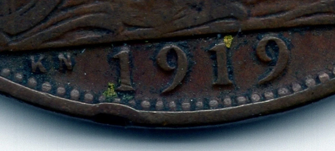 Close up of 1918 Penny with King's Norton mint marks