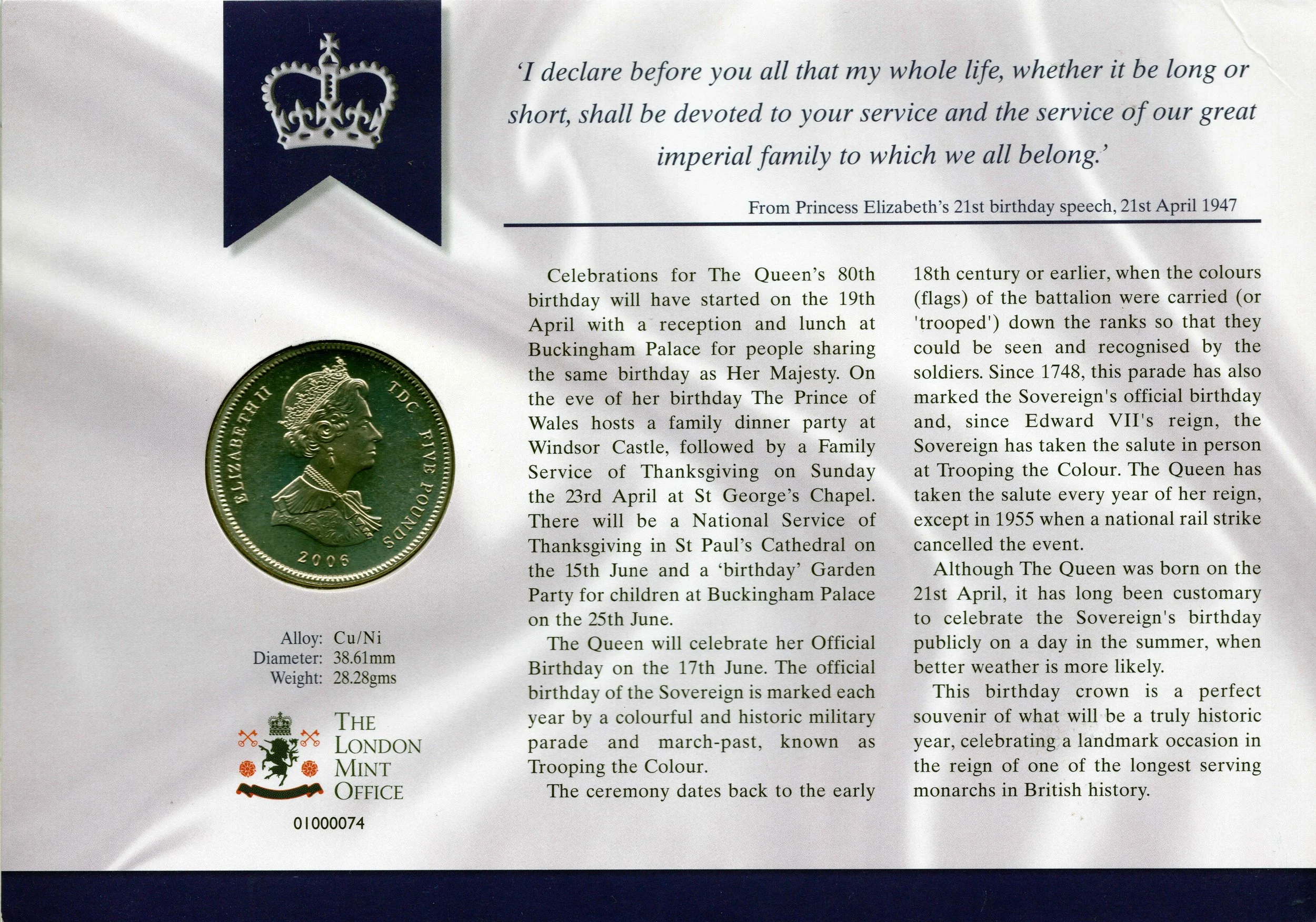 Card containing 1986 Queen Elizabeth II 80th Birthday Crown rear
