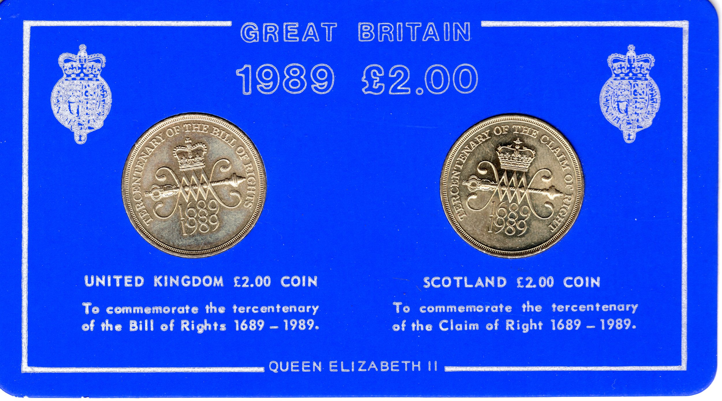 Card containing 1989 £2 Coins UK and Scotland front