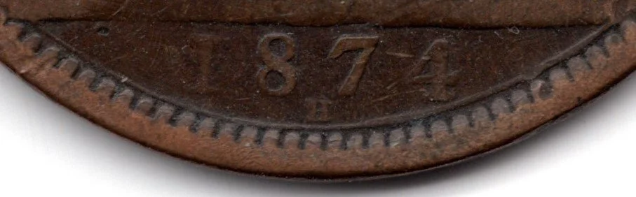 1874 Penny Heaton close up date and mint mark