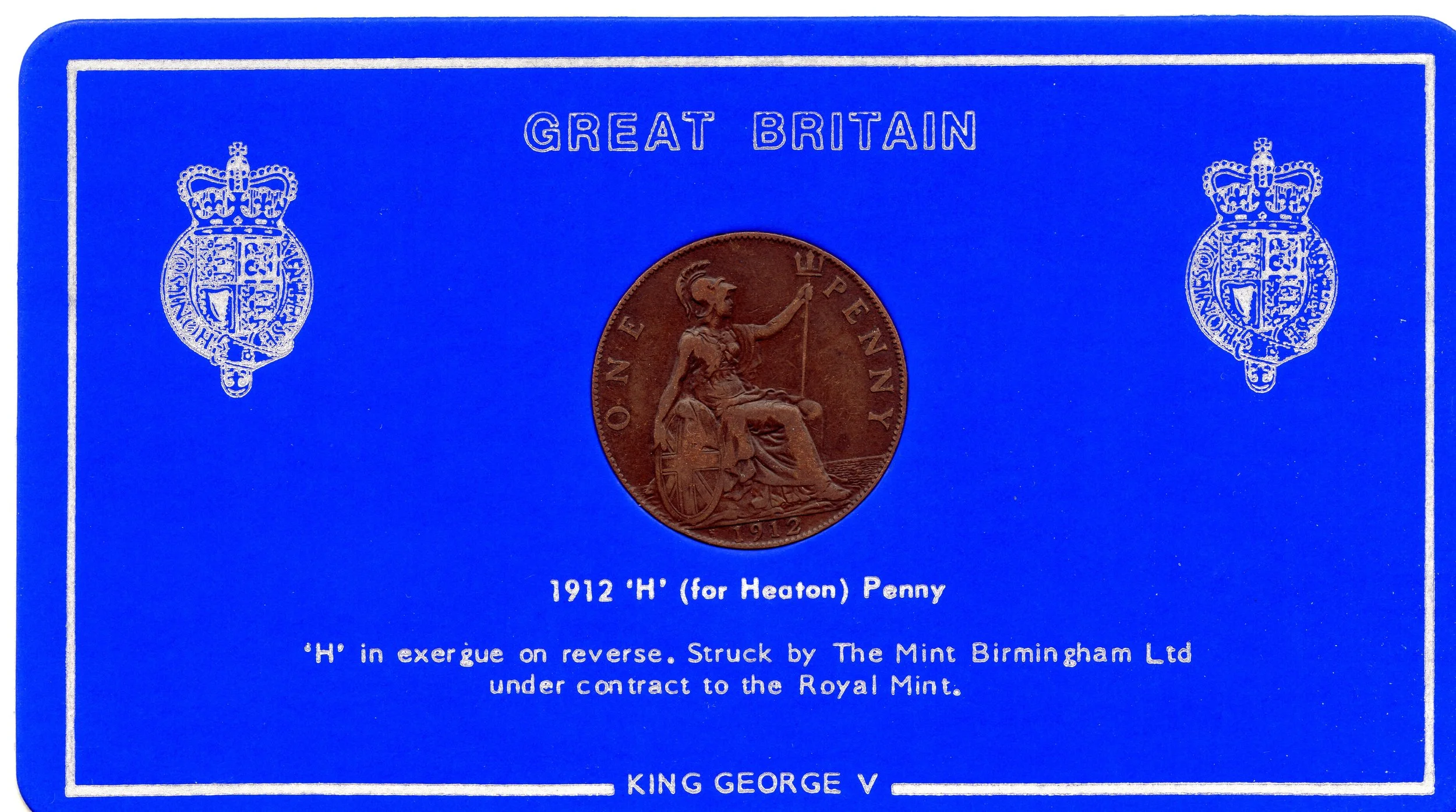 Card containing a 1912 penny with a Heaton mint mark front