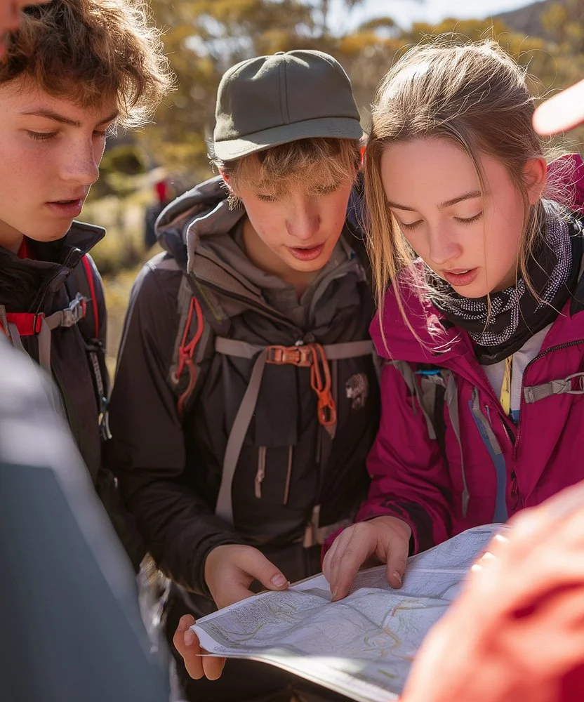 Students using a map for navigation training on a Venture Outdoors Co. expedition.