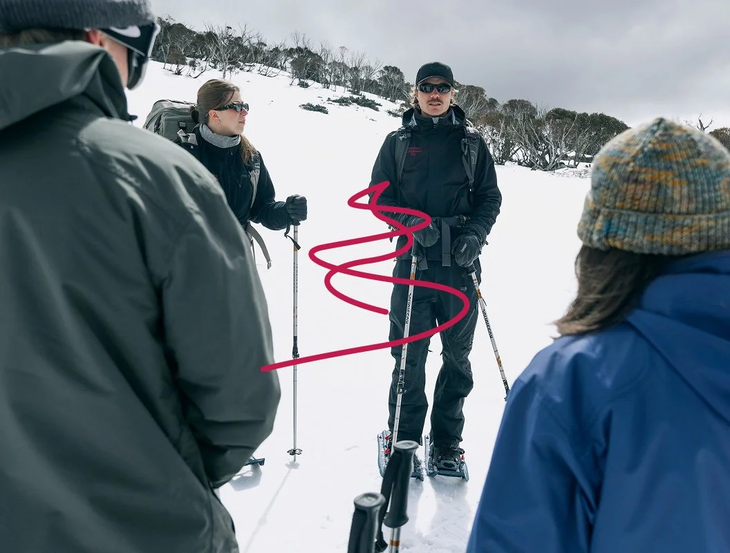 Venture Outdoors Co. guide delivering a snow safety briefing to a group in the Snowy Mountains.