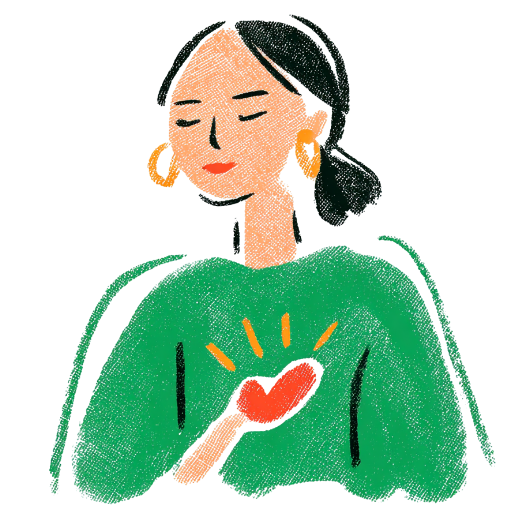 Illustration of a woman with black hair, wearing gold hoop earrings, holding her hands over her heart with a heart symbol and rays of light, conveying love or compassion.