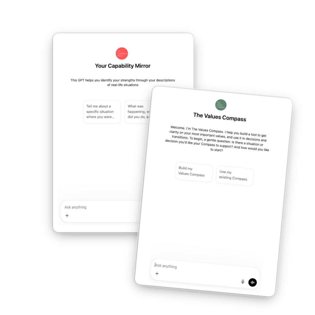 Screenshots of two mobile app interfaces, one titled 'Your Capability Mirror' and the other 'The Values Compass,' both with descriptions and options for user interaction.