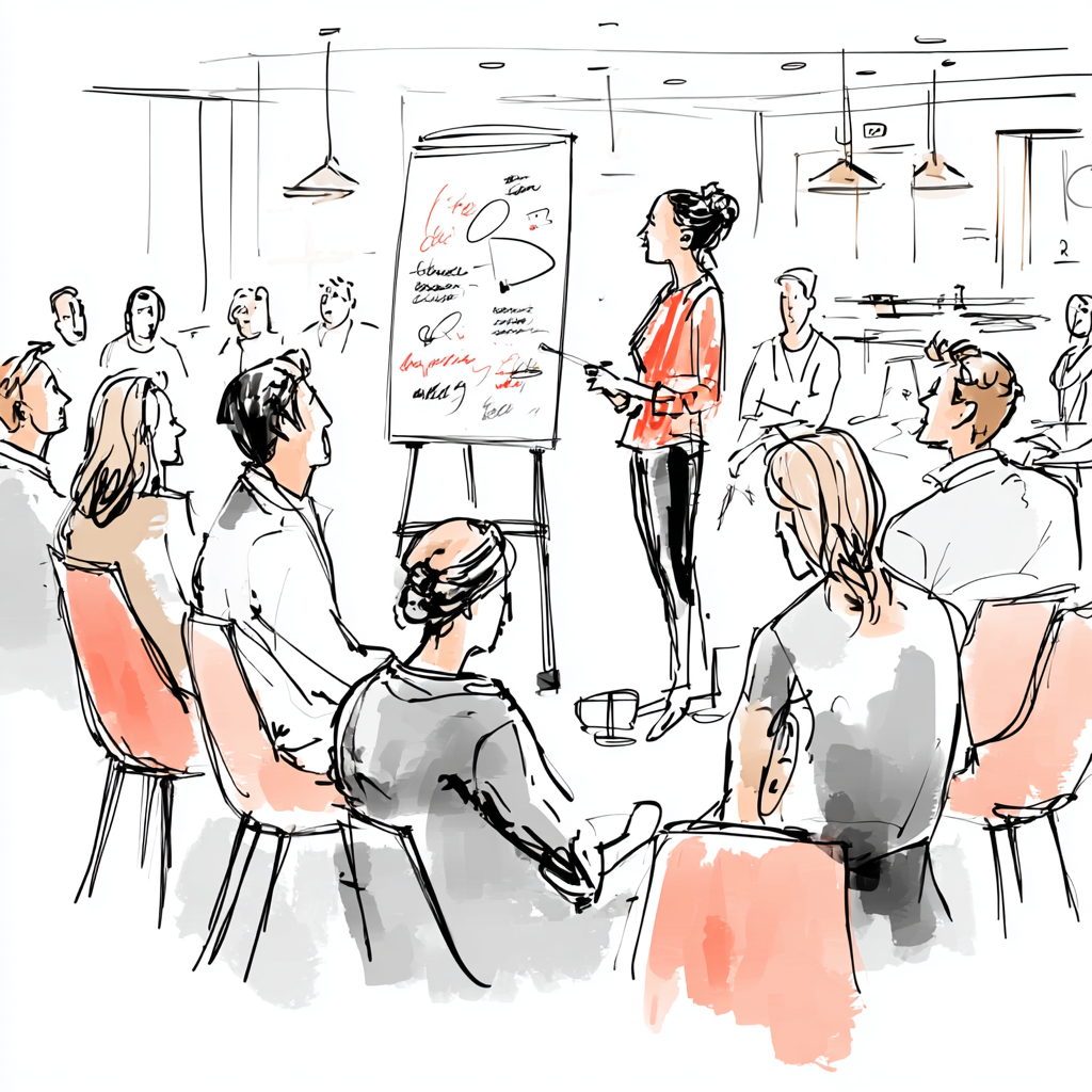 Illustration of a woman presenting to a group of people in a conference room, with a whiteboard on a stand filled with notes and diagrams.