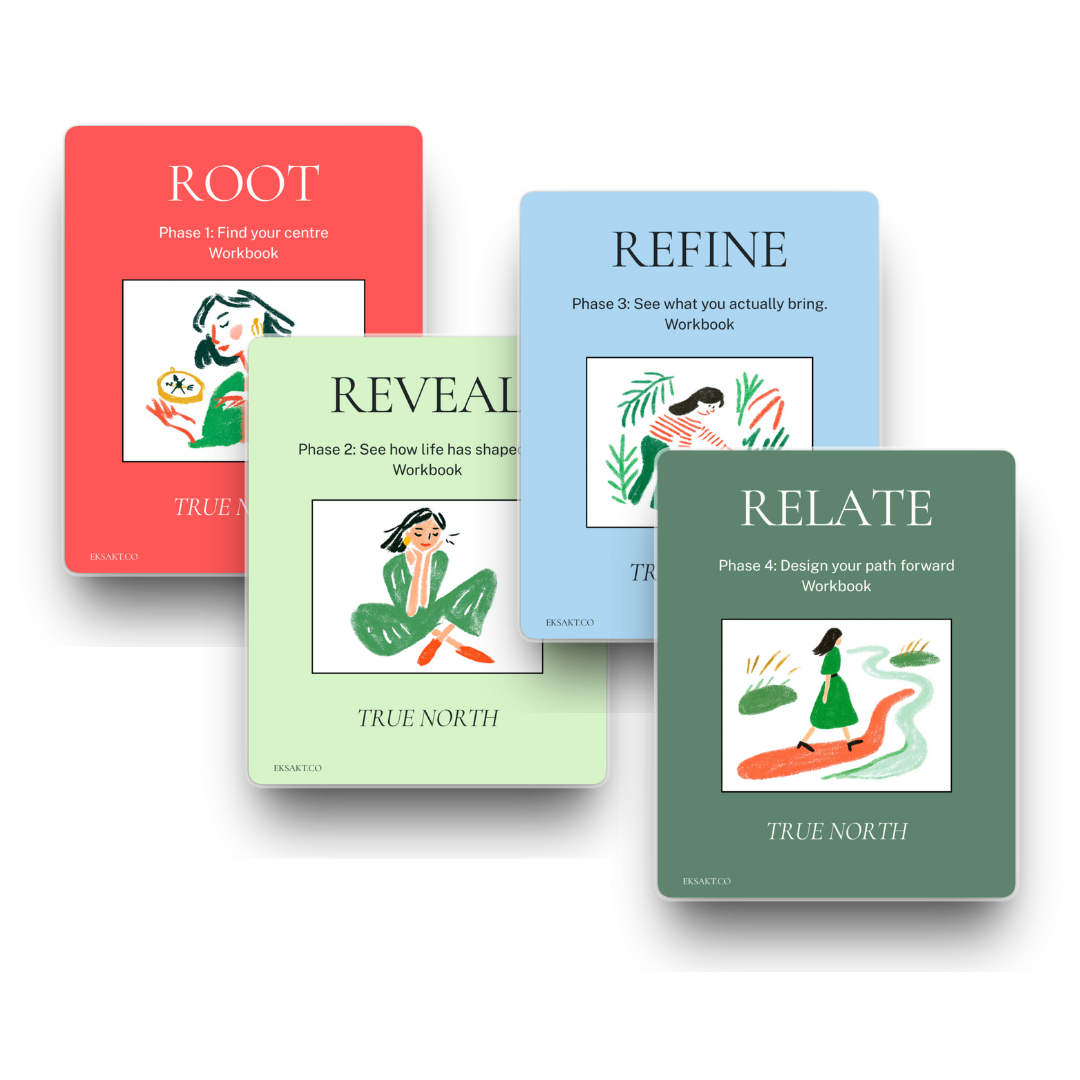 Set of four colorful illustrated cards with titles 'ROOT,' 'REVEAL,' 'REFINE,' and 'RELATE,' each describing phases of a workbook process with simple artwork and text.