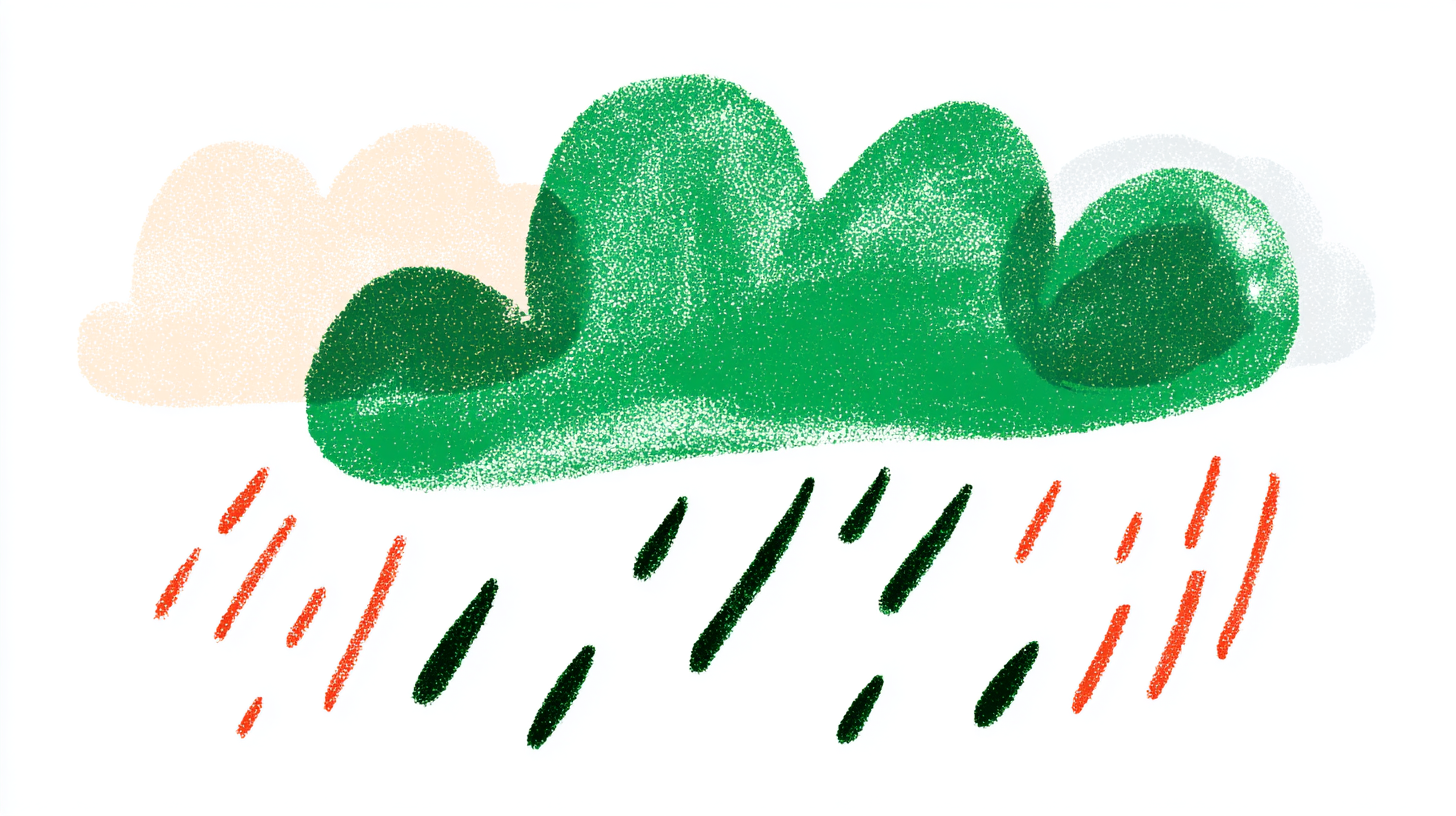Simplified digital drawing of a green cloud with red and black lines representing rain, and a faint white cloud in the background.