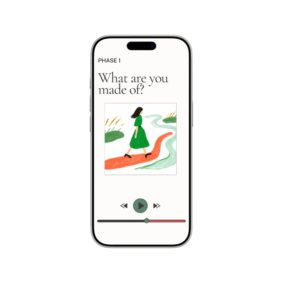A smartphone screen displaying an app with a question, "What are you made of?", and a drawing of a woman walking on a trail near a river, with trees and grass in the background.