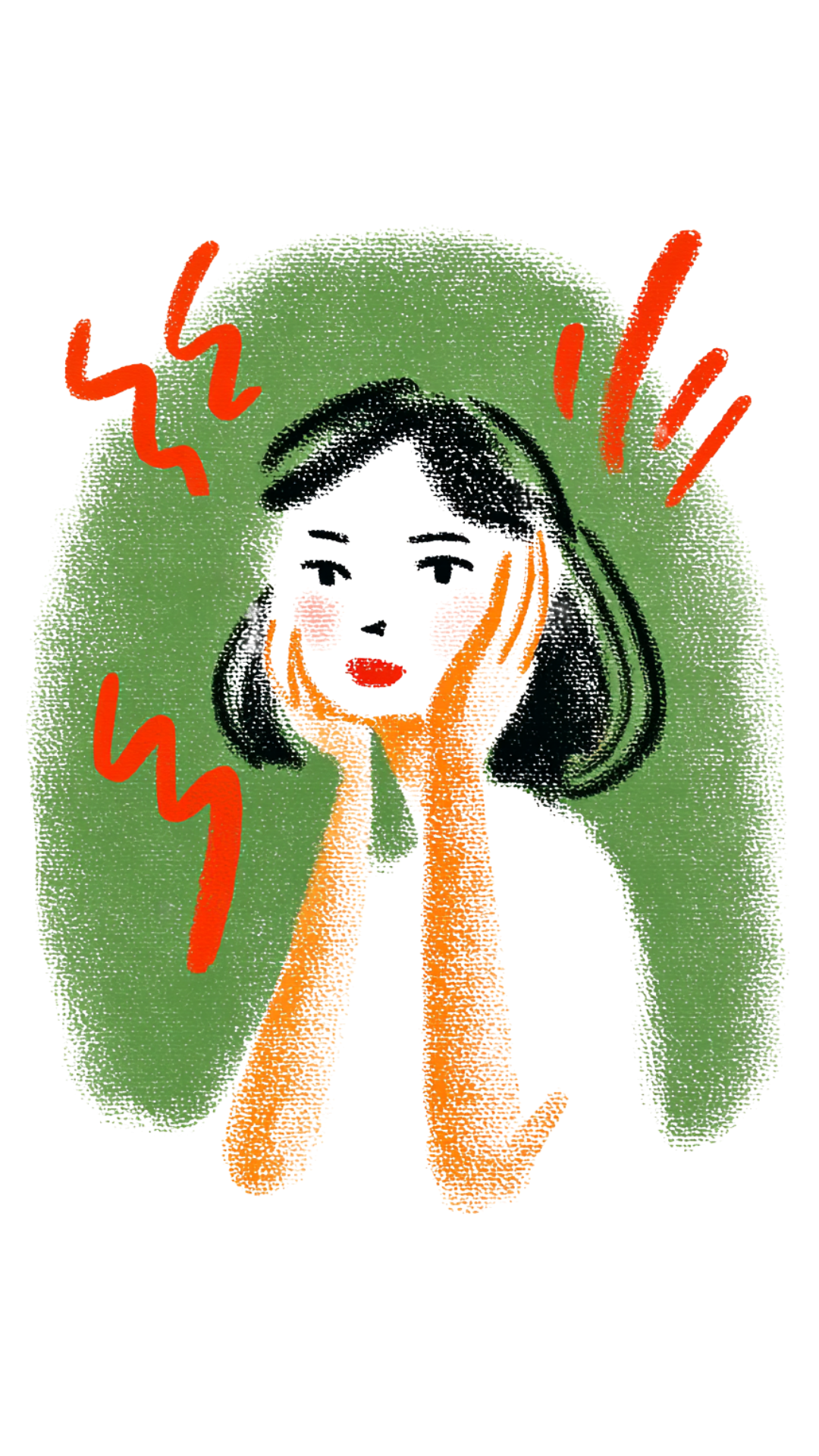 Illustration of a woman with black hair, blush on cheeks, red lips, holding her face with both hands. She is surrounded by a large green fuzzy shape, with red wavy and exclamation marks indicating frustration or stress.