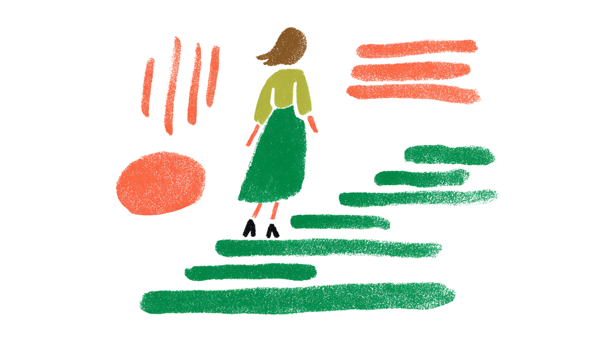 Illustration of a woman with brown hair in a bun, wearing a green skirt, black shoes, and a beige top, walking up green steps with orange and pink abstract shapes around her against a black background.
