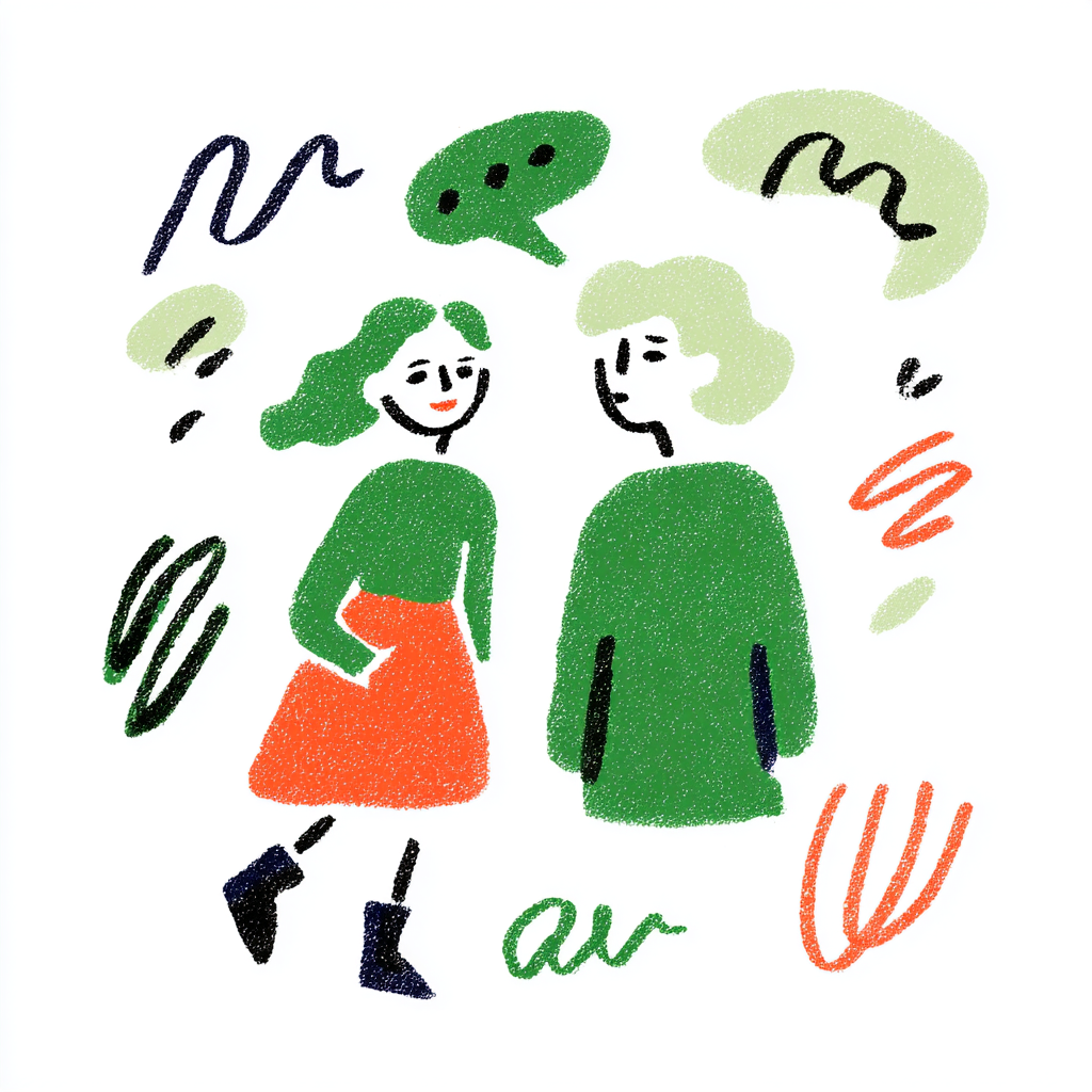 A colorful, abstract illustration of two women talking, with speech bubbles around them, in a casual, doodle-like style.