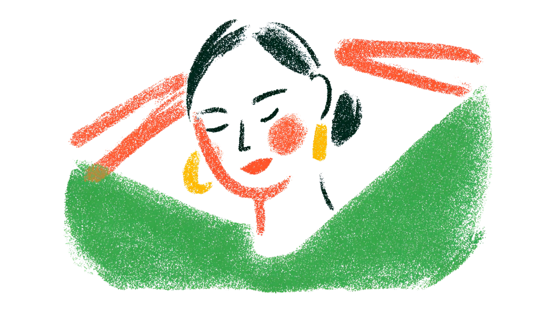 An illustration of a person holding a phone, with abstract neon-colored hands around the image, and symmetrical face features in the center.