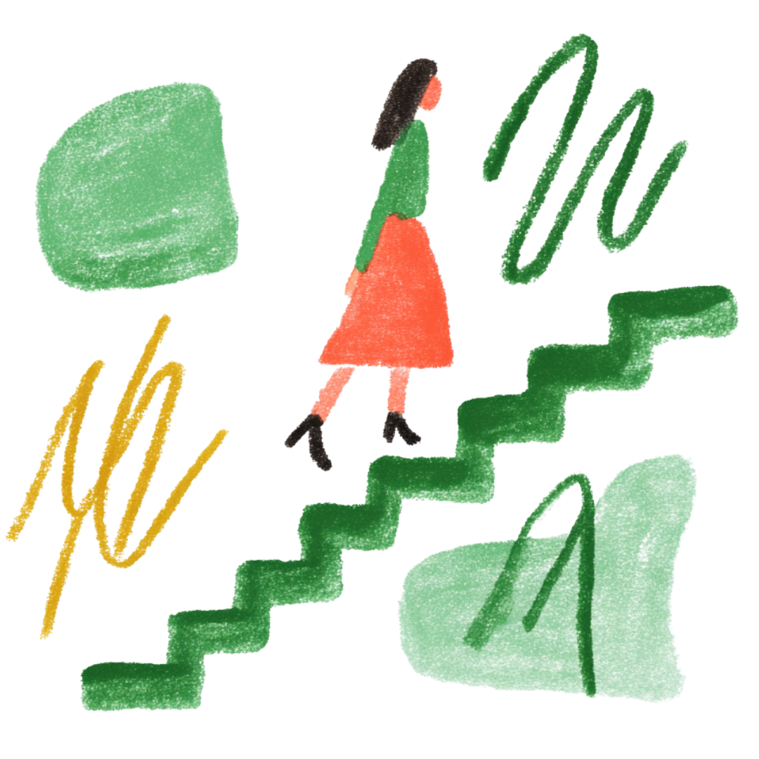 An abstract, colorful drawing of a woman with black hair, wearing an orange dress and black shoes, walking up green stairs with various large shapes around her, including a large green square, a yellow zigzag, and a large green shape.