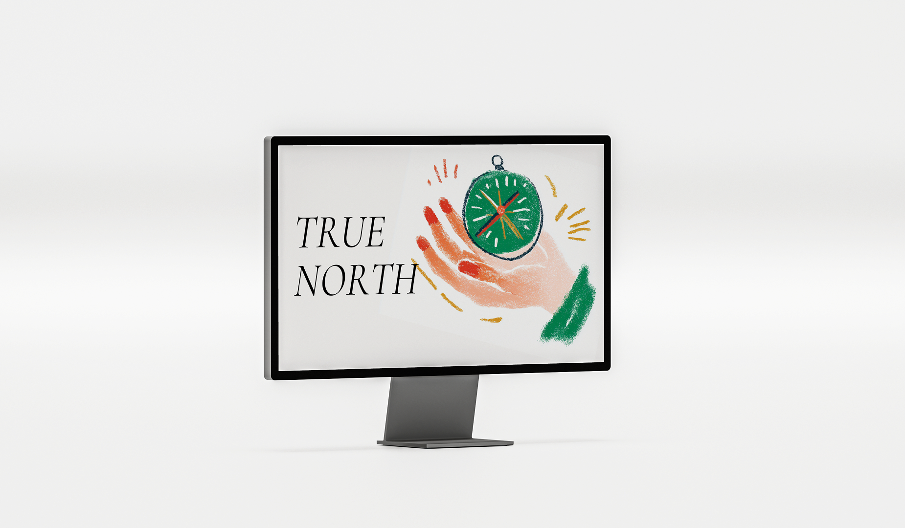 Computer monitor displaying a graphic of a hand holding a stopwatch with the text "True North"