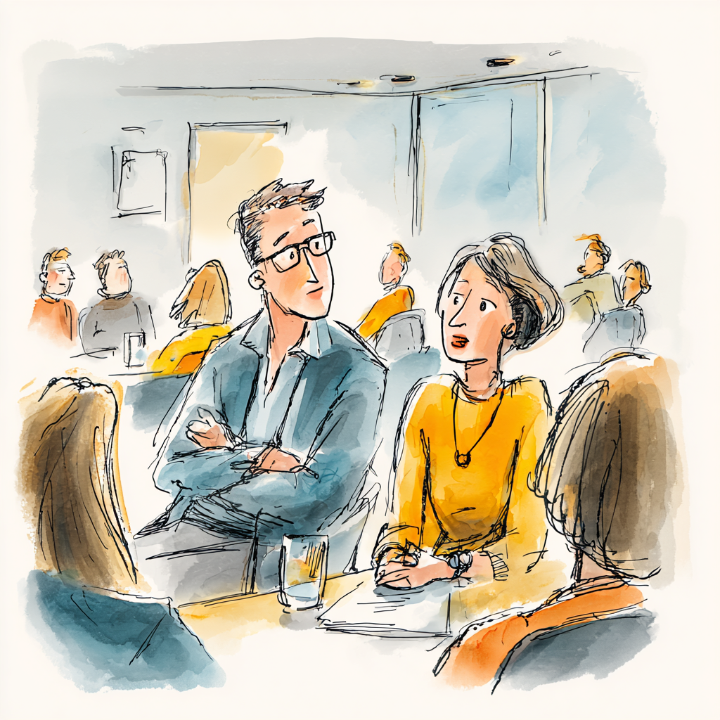 A watercolor illustration of a business meeting in a conference room with multiple people, including a man with glasses and a woman in a yellow top, engaged in conversation.