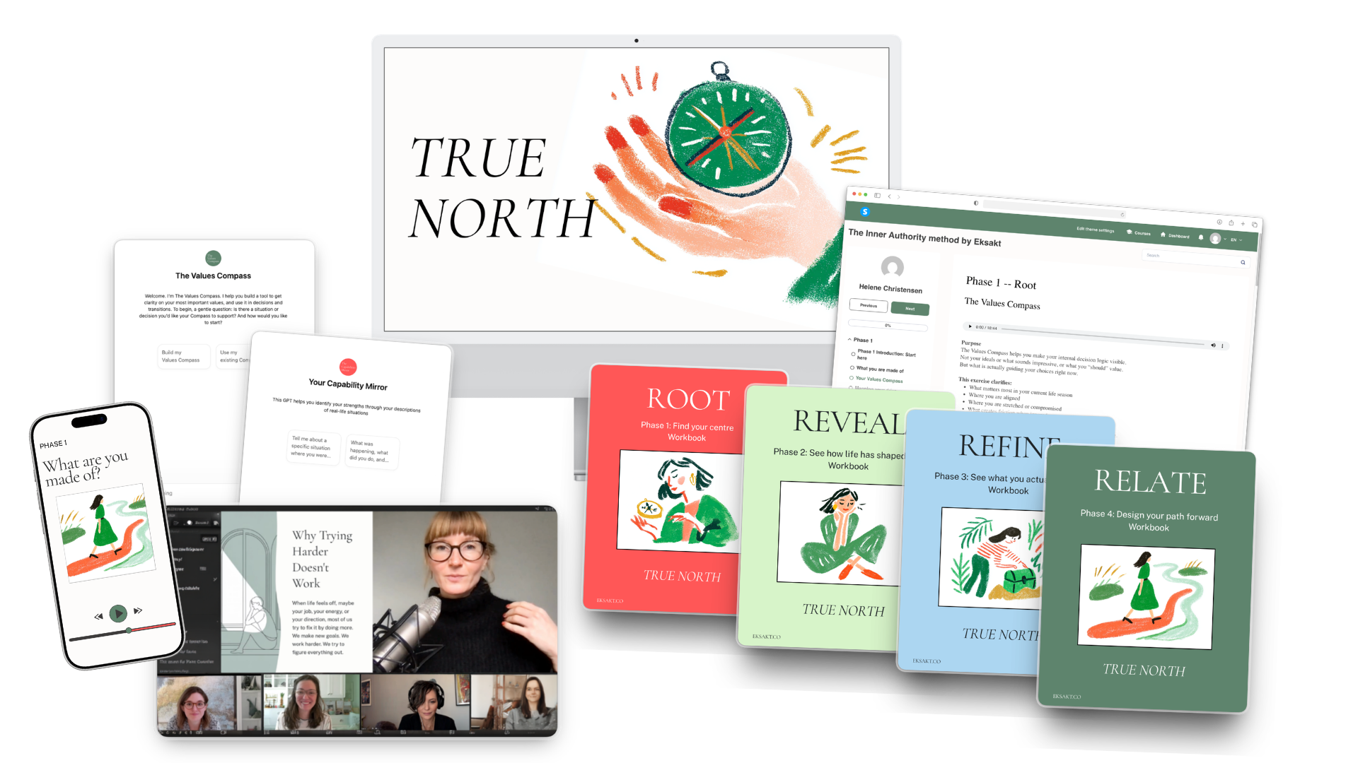 Digital collage of various online learning and coaching tools, including a large computer screen with a hand holding a compass labeled "True North," a tablet with a section titled "The Values Compass," a smartphone with a woman standing on a path illustration, video call screens of multiple women, and colorful booklets labeled "ROOT," "REVEAL," "REFINE," and "RELATE."