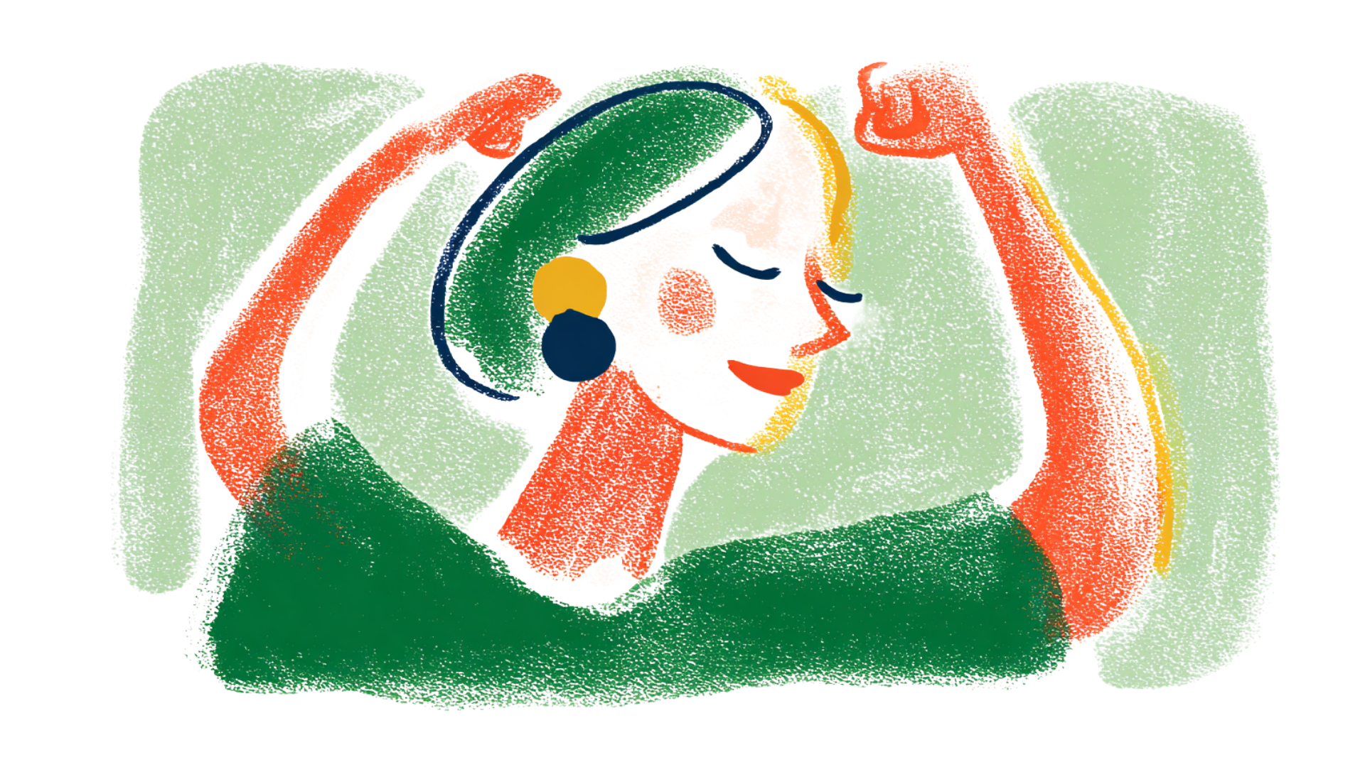 An artistic illustration of a woman with long hair wearing a green top and orange earrings, holding her head with both hands, depicted in vibrant colors with a textured style.