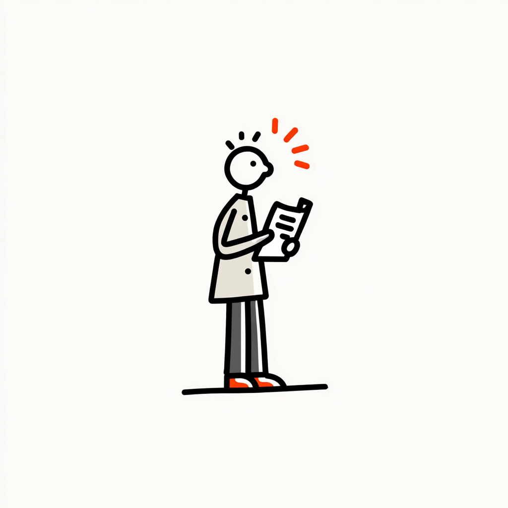 Minimalist illustration of a person in a coat holding a smartphone, with red accent marks near their head suggesting excitement or surprise.