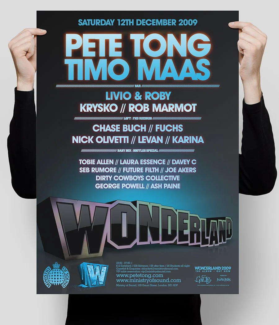 A person holding a black poster advertising a music event called Wonderland 2009, featuring Pete Tong and Timo Maas on December 12th, 2009. The poster lists various performers and sponsors with a colorful, stylized design.