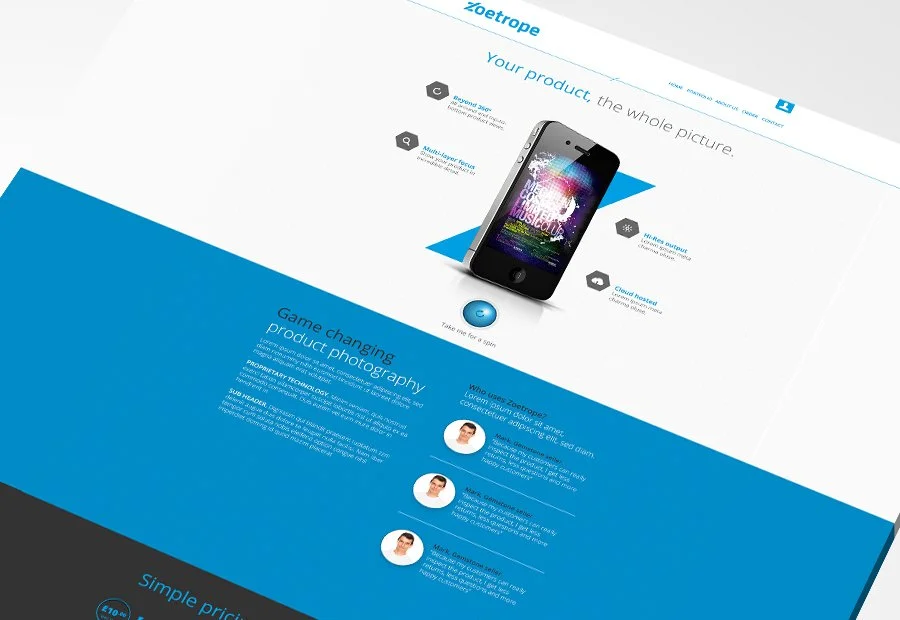 A digital marketing webpage showcasing a mobile phone, features, and product photography, with a blue and white color scheme.